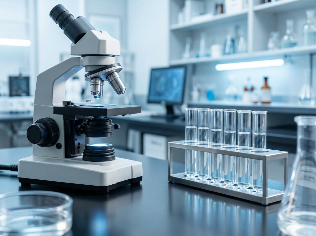 A research laboratory bench with a microscope and test tubes