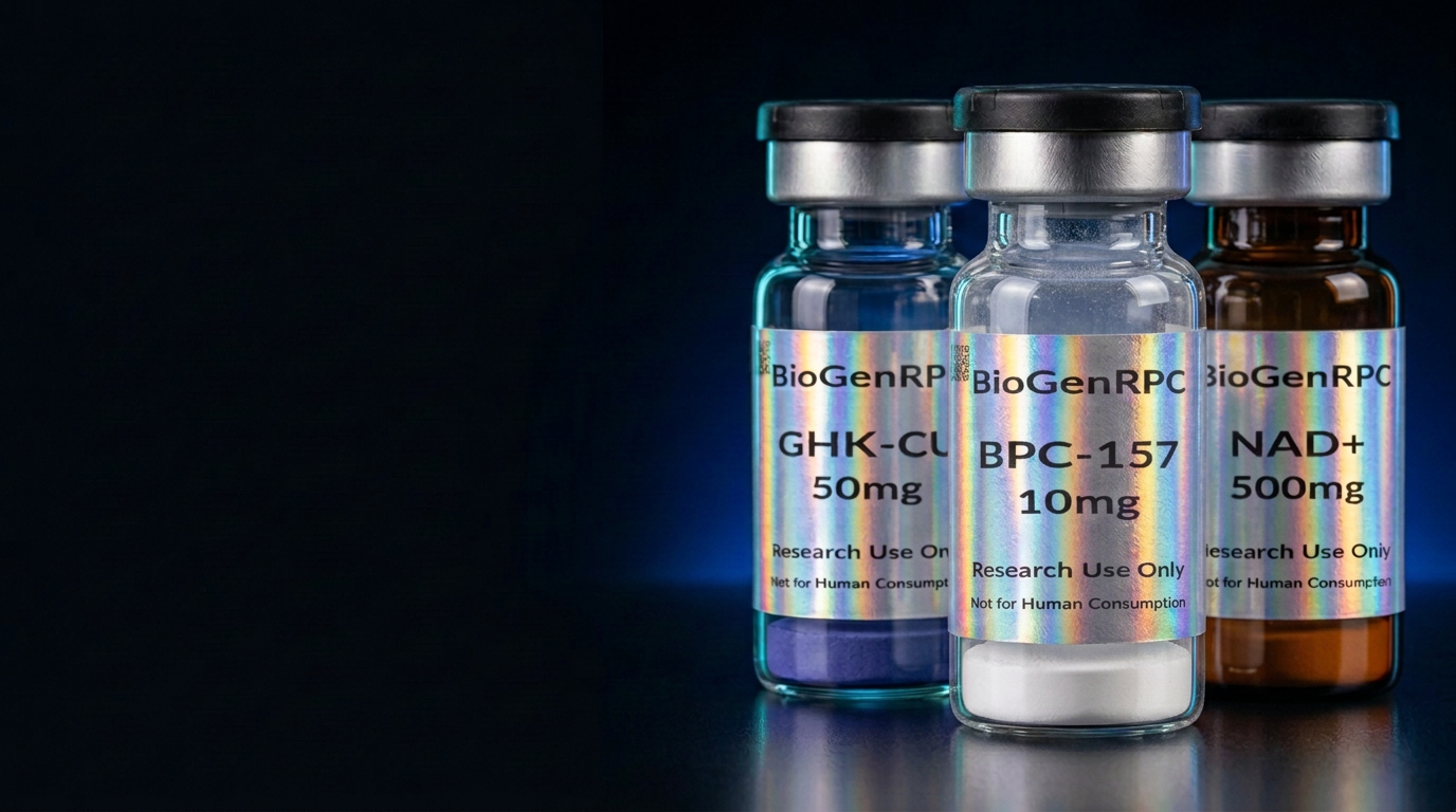 BioGenRPC BPC-157, GHK-Cu and NAD+ labeled research vials with solid powder pucks